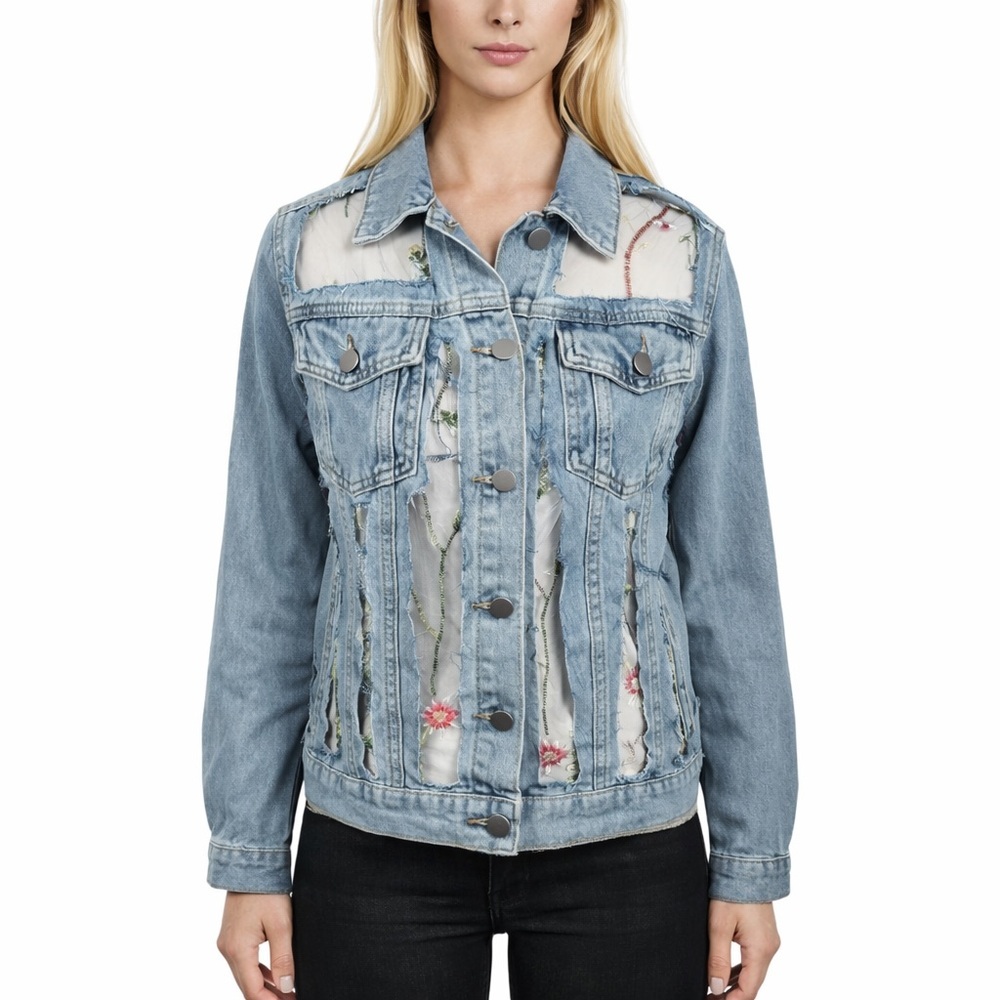 Davi & Dani Embroidery Mesh Jean Jacket Floral Light Wash Boho Womens Size S